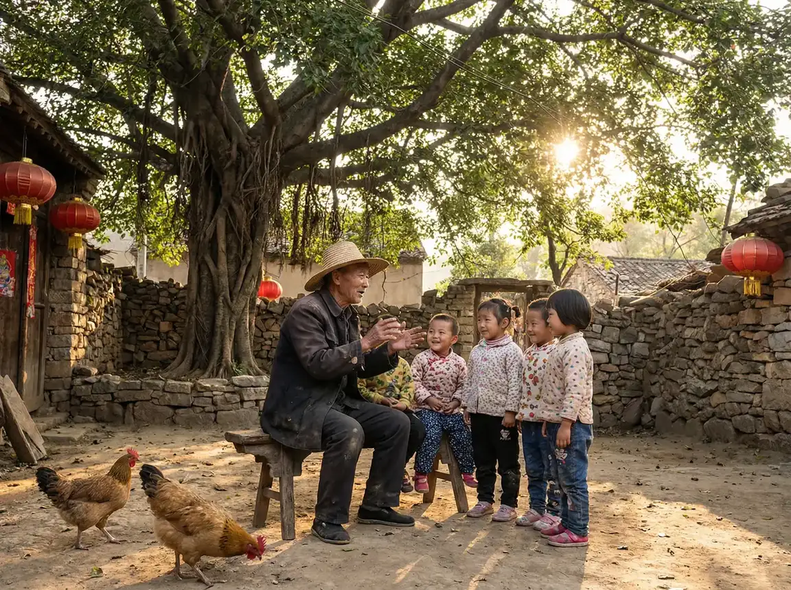 老人在大榕树下给孩子们讲故事 - 一区二三区国产好的精华液O 乡村记忆